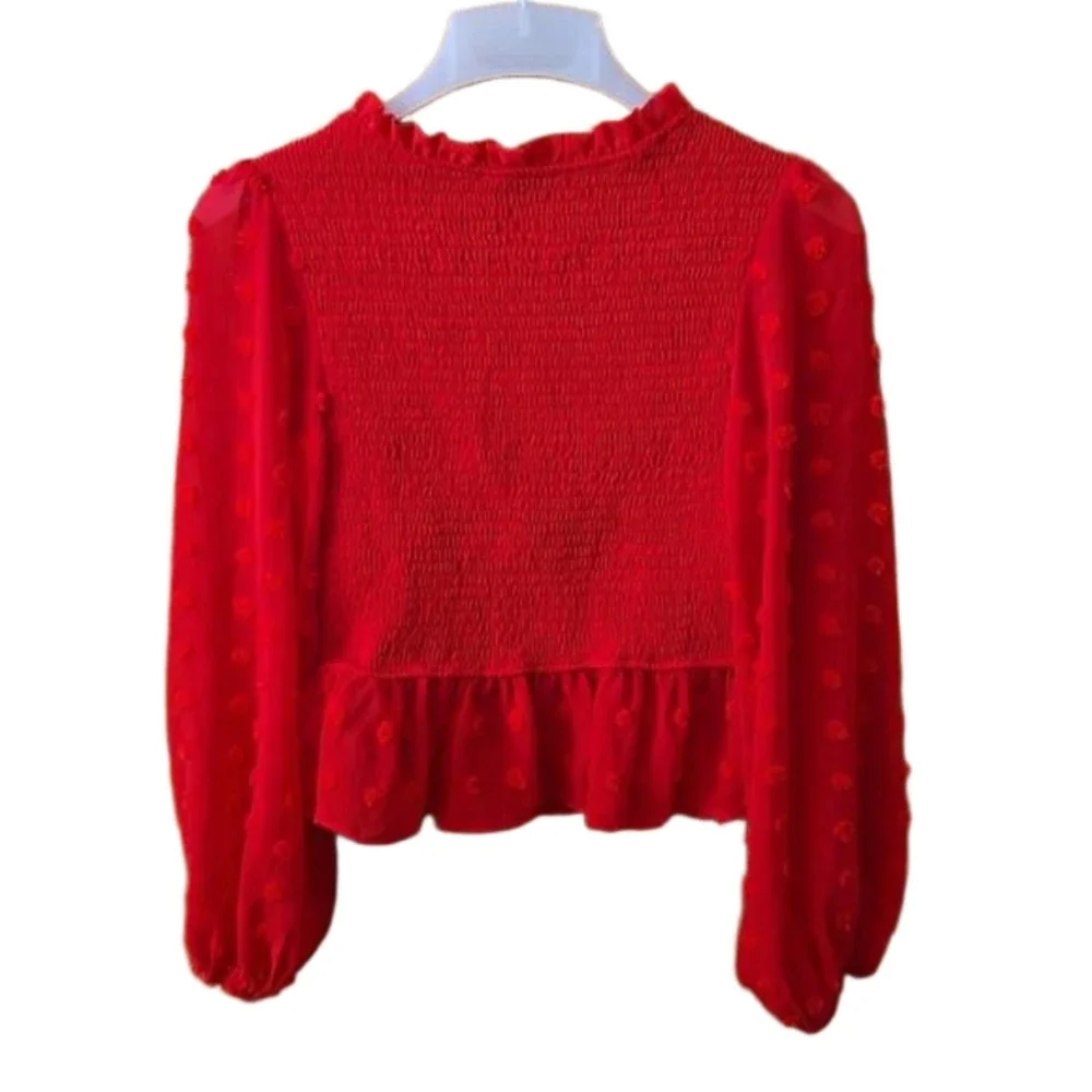 She + Sky Red Stretch Crop Top Semi Sheer Puff Sleeves w/ Popcorn Bumps Size S - Picture 5 of 10
